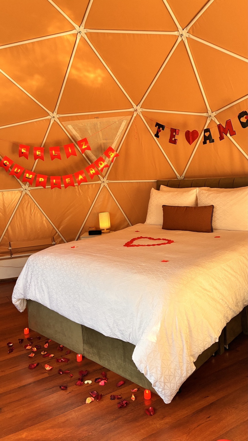 Interior del domo con cama y decoración para una celebración